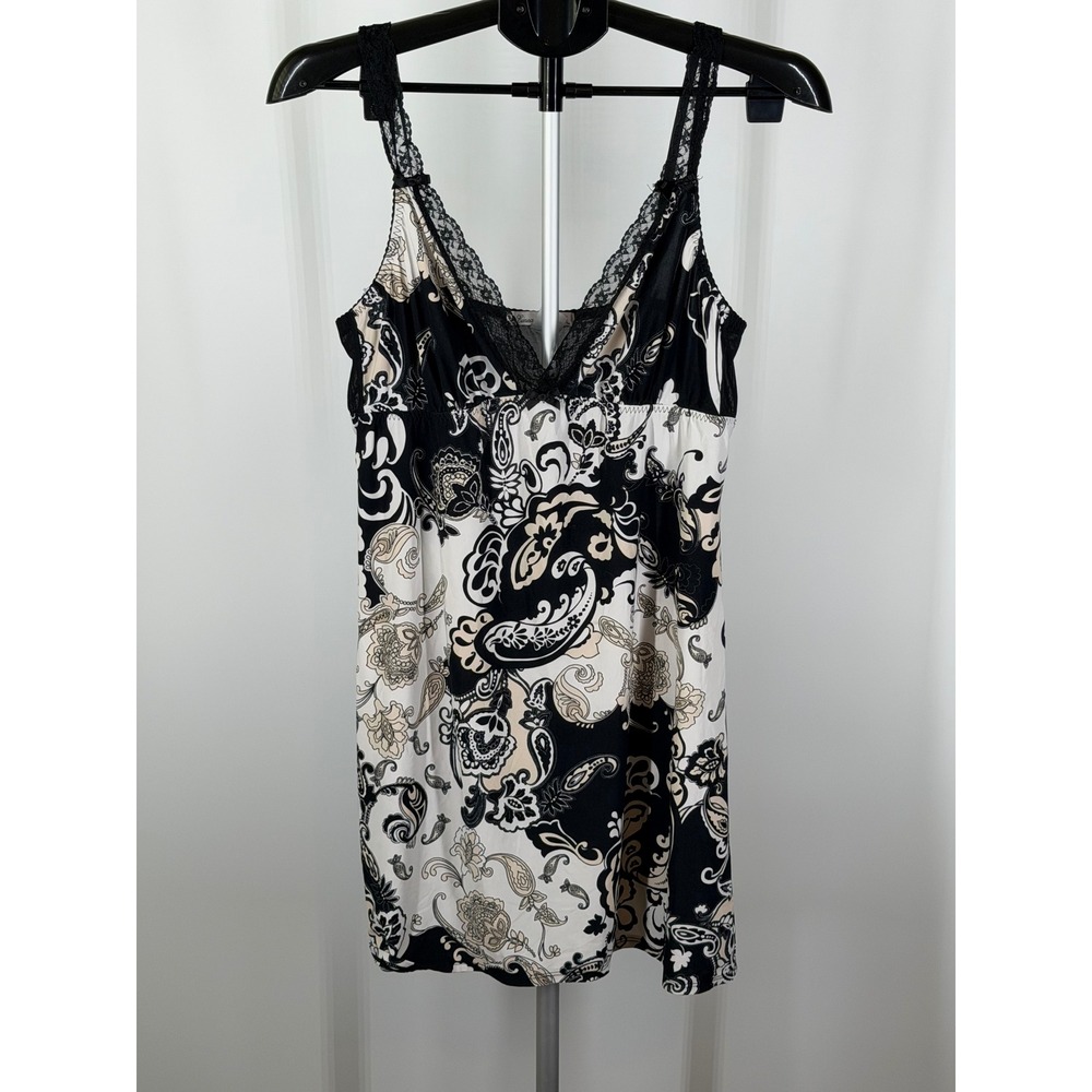 Linea Donatella Paisley Lace Trim Chemise Nightgown Black White Tan Size M